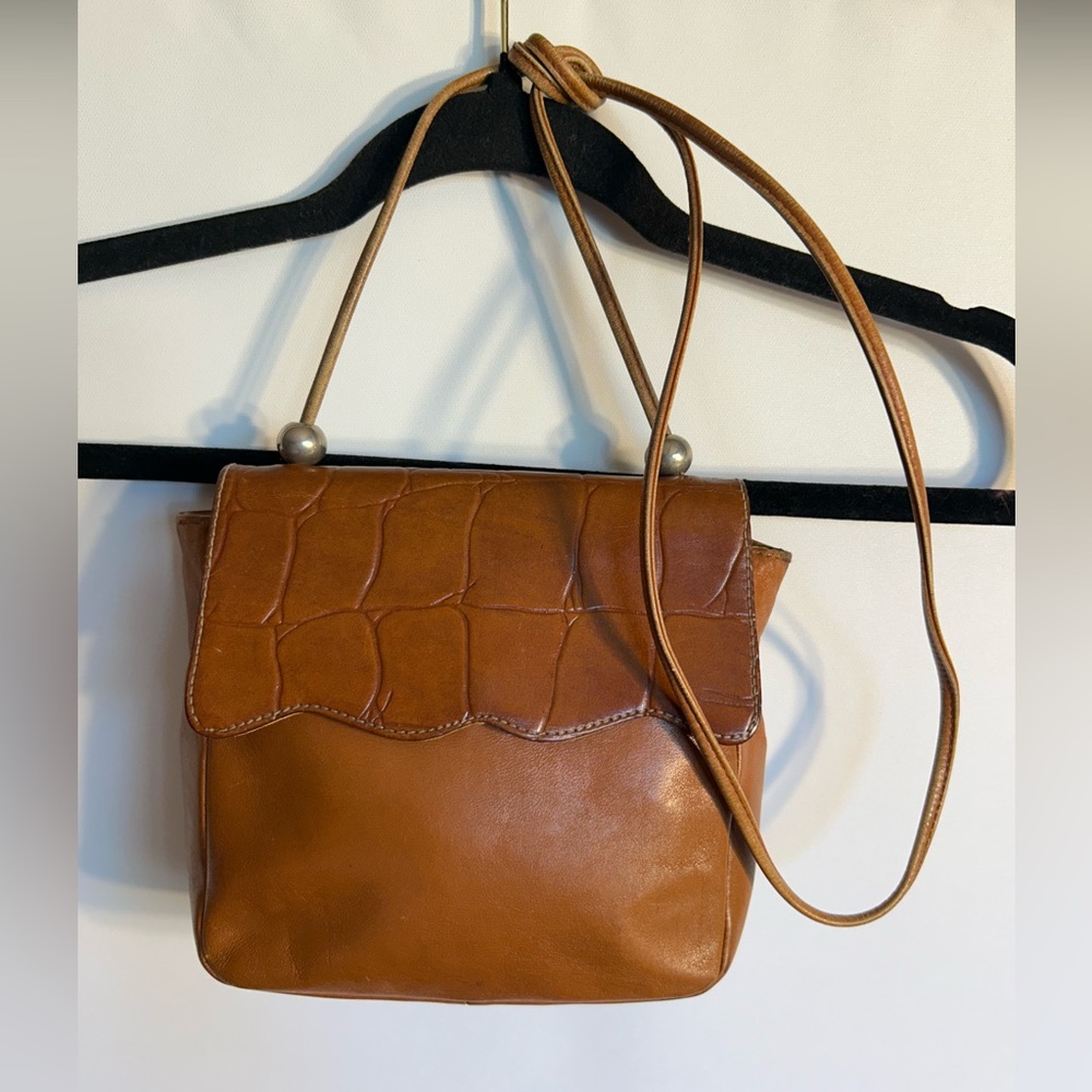 VINTAGE VALERIE STEVENS CROC FLAP TAN BROWN LEATHER THIN STRAP SHOULDER BAG